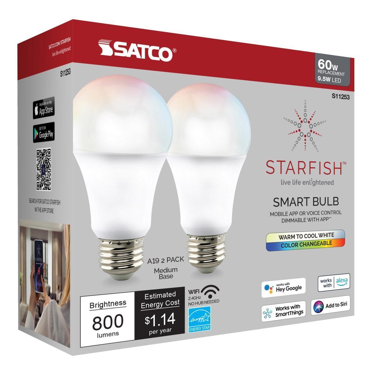 Starfish A19 Wi-Fi Smart LED Bulb, 9.5 Watts, 800 Lumens, 27K/30K/40K/50K, Tunable White, 2 per Box - Bees Lighting