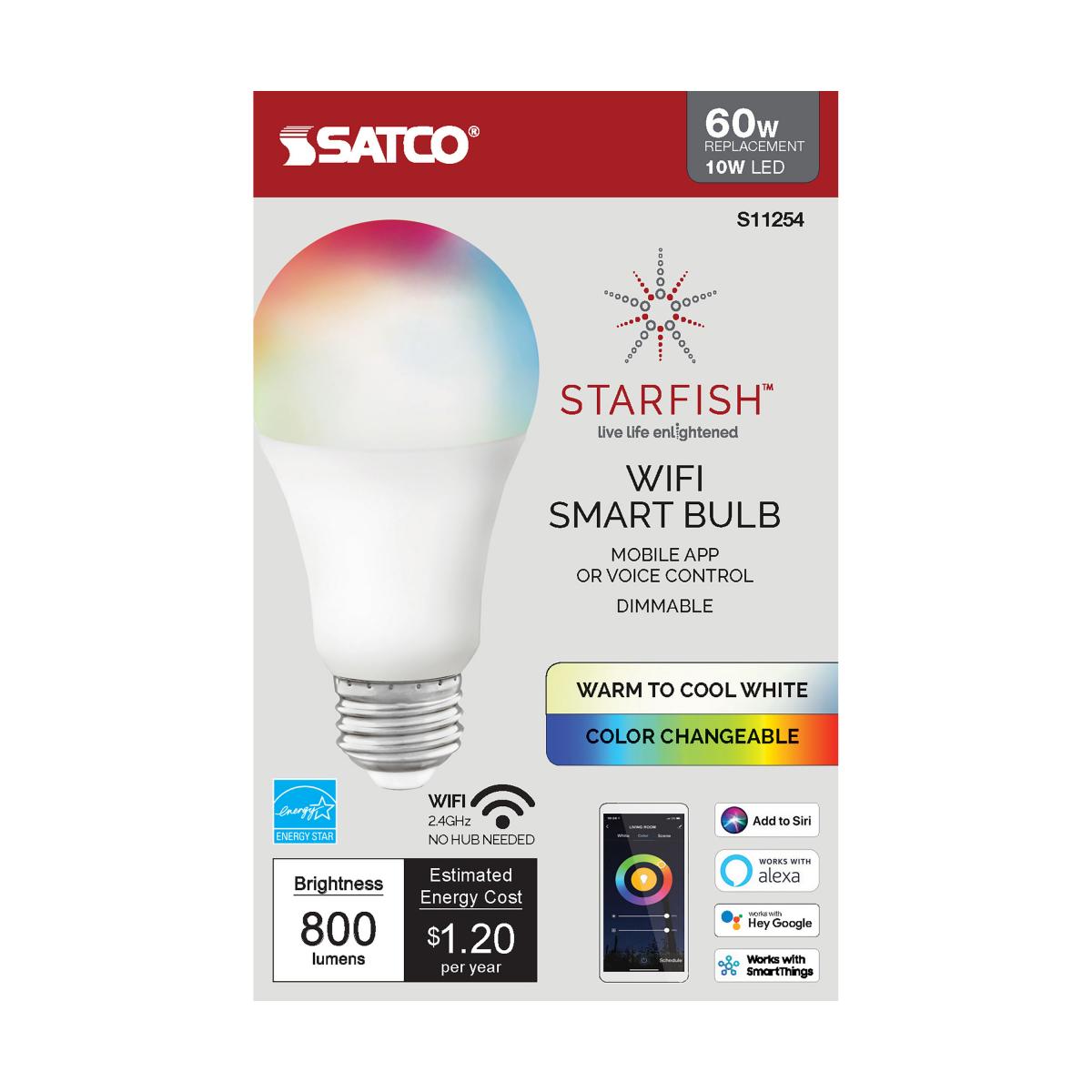 Starfish A19 Wi-Fi Smart LED Bulb, 10W, 800 Lumens, RGB & Tunable White, Frosted, T20 Compliant - Bees Lighting