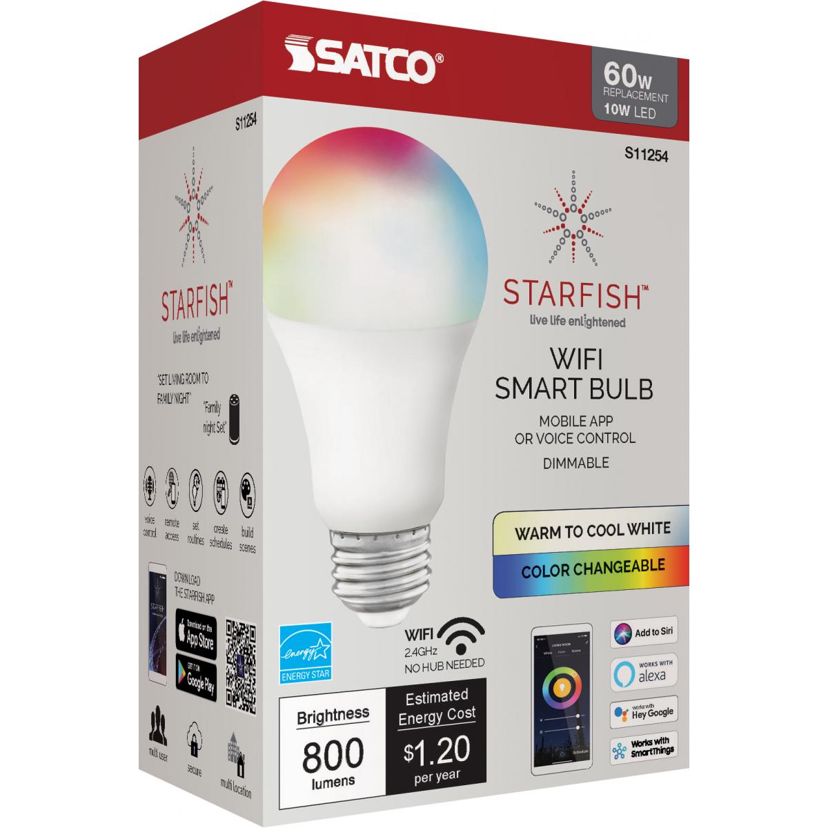 Starfish A19 Wi-Fi Smart LED Bulb, 10W, 800 Lumens, RGB & Tunable White, Frosted, T20 Compliant - Bees Lighting