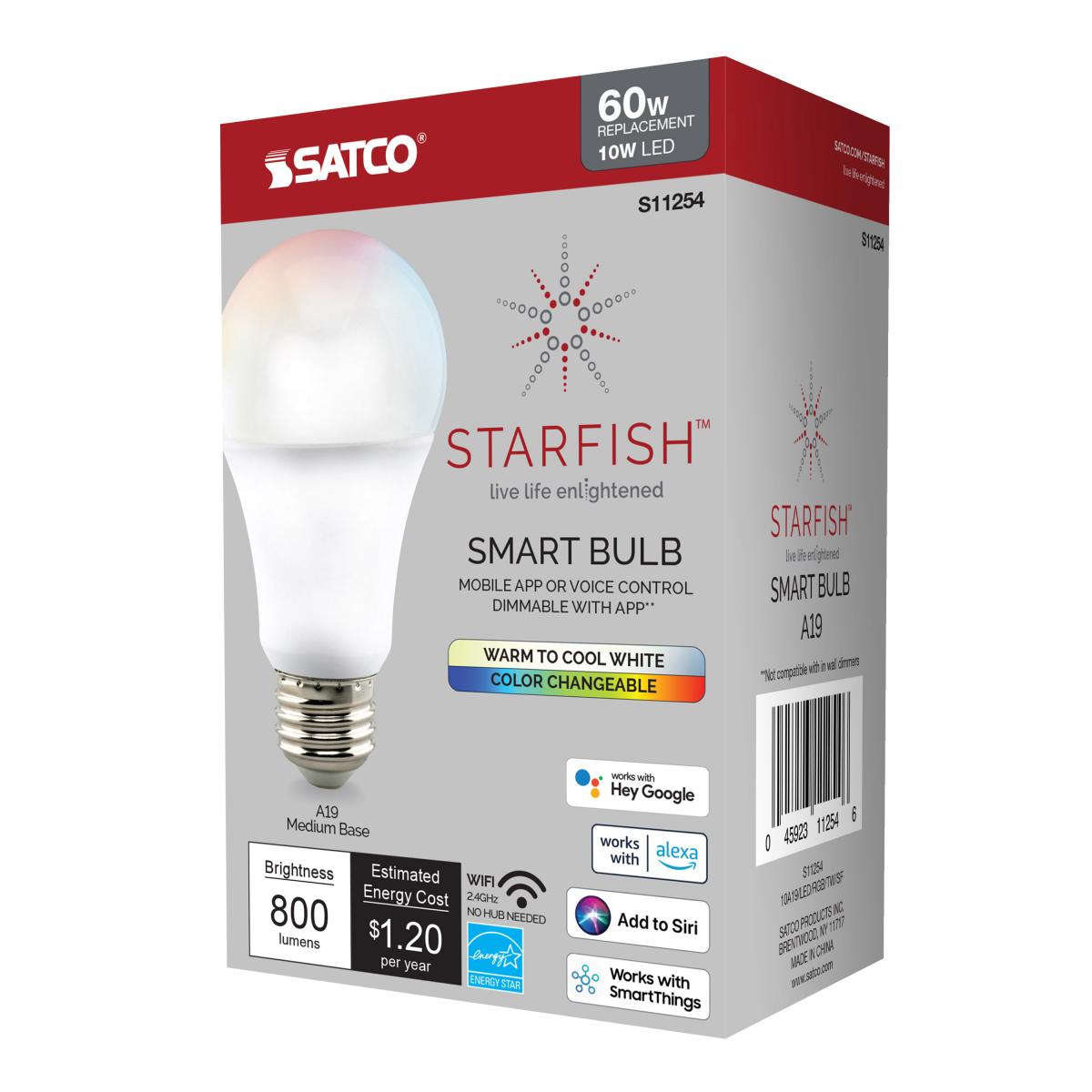 Starfish A19 Wi-Fi Smart LED Bulb, 10W, 800 Lumens, RGB & Tunable White, Frosted, T20 Compliant - Bees Lighting