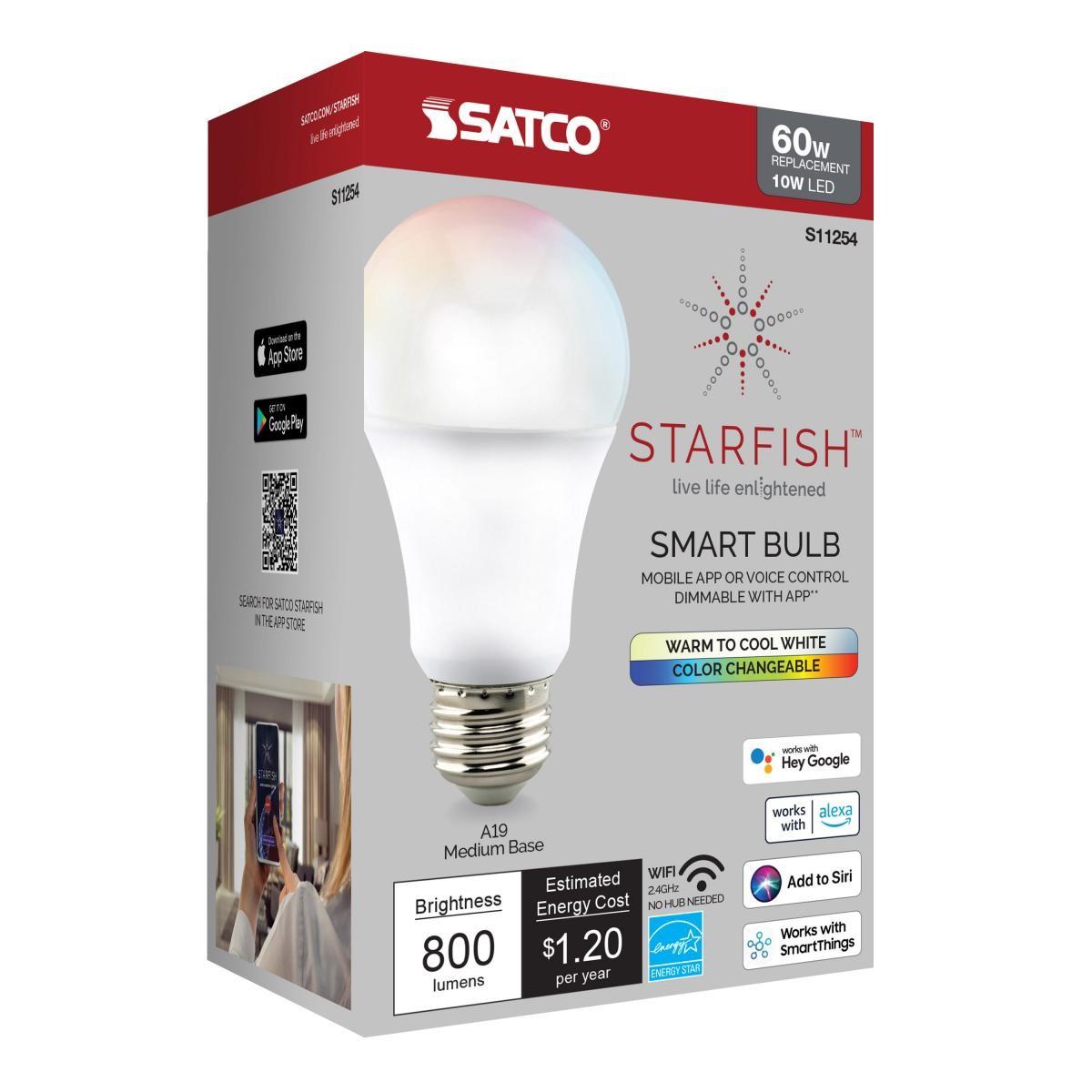 Starfish A19 Wi-Fi Smart LED Bulb, 10 Watts, 800 Lumens, 27K/30K/40K/50K, Tunable White