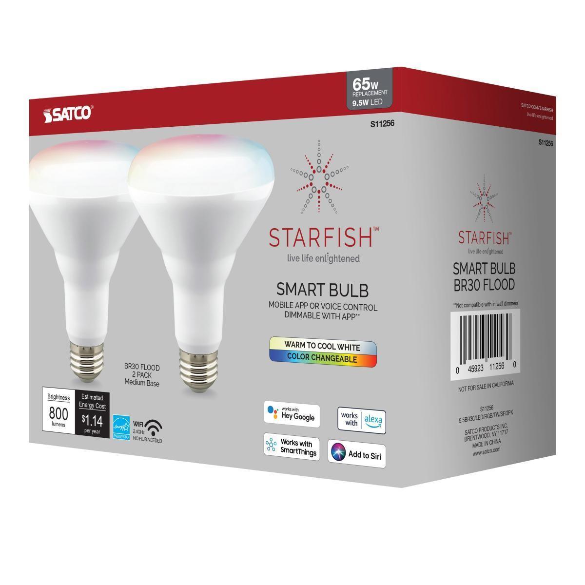 Starfish BR30 Wi-Fi Smart LED Bulb, 9.5 Watts, 800 Lumens, 27K/30K/40K/50K, Tunable White, 2 Per Box - Bees Lighting