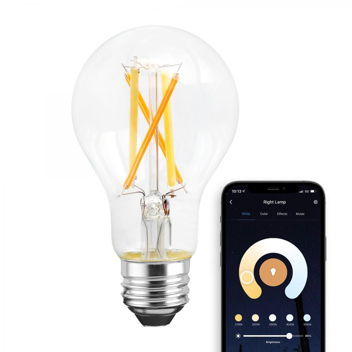 Starfish A19 Wi-Fi Smart Filament LED Bulb, 7.5 Watts, 800 Lumens, 2200K-5000K, RGB And Tunable White
