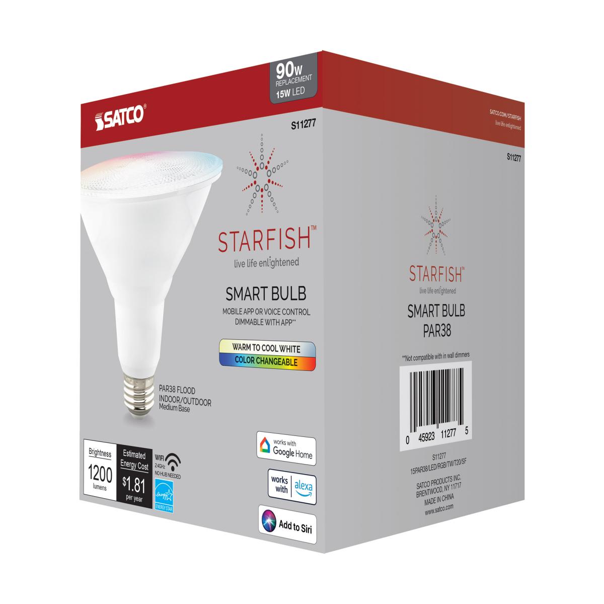 Starfish PAR38 Wi-Fi Smart LED Bulb, 15W, 1200 Lumens, RGBW & Tunable White, 40° Flood, T20 Compliant - Bees Lighting