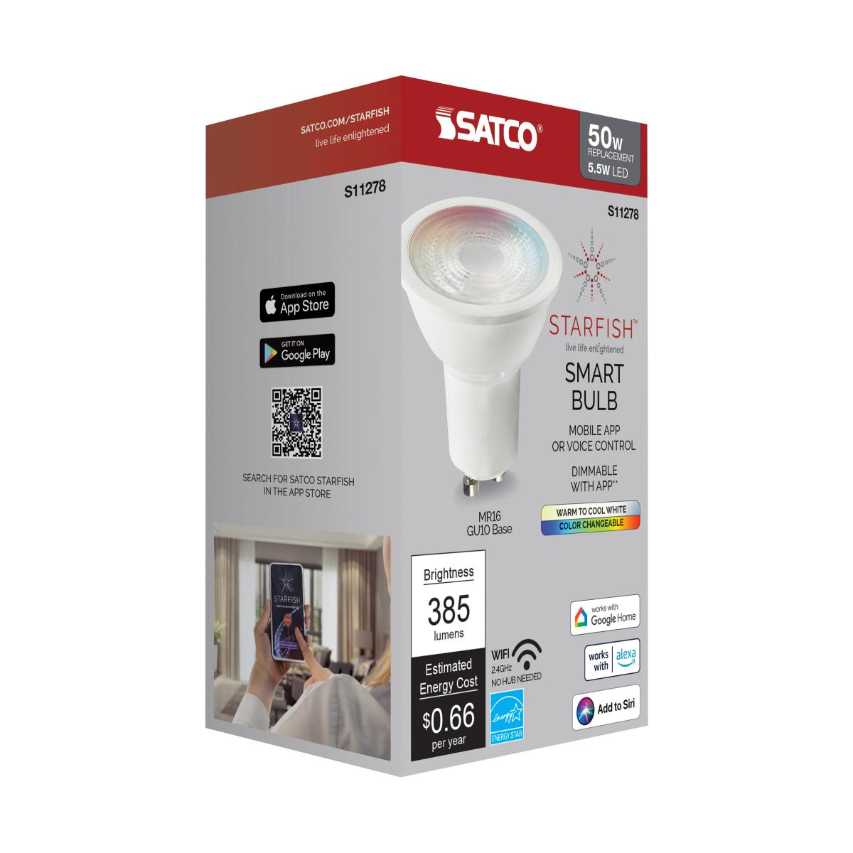 Starfish MR16 Wi-Fi Smart LED Bulb, 6W, 385 Lumens, RGBW & Tunable White, 50° Flood, T20 Compliant - Bees Lighting