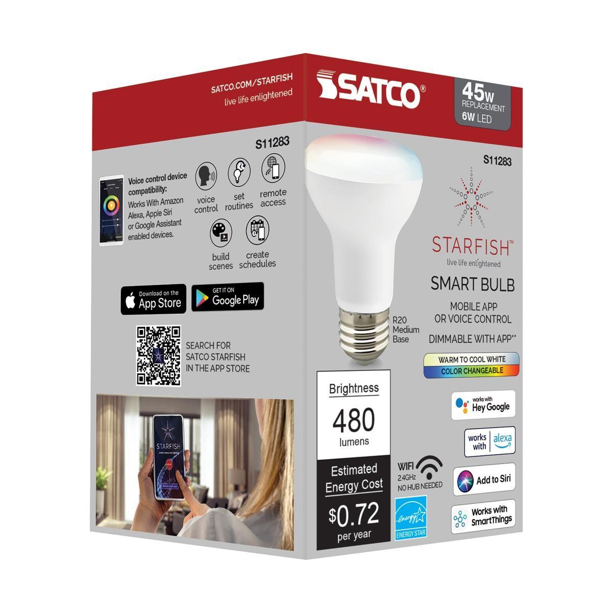 Starfish BR20 Wi-Fi Smart LED Bulb, 6 Watts, 480 Lumens, 2700K-5000K, RGB And Tunable White - Bees Lighting