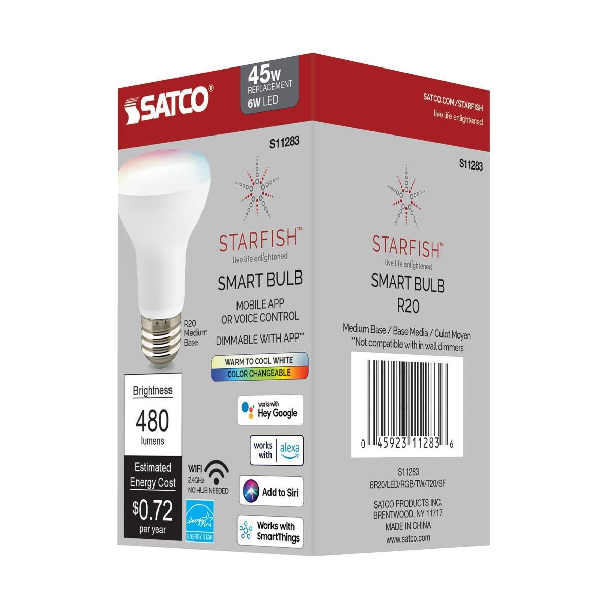 Starfish BR20 Wi-Fi Smart LED Bulb, 6 Watts, 480 Lumens, 2700K-5000K, RGB And Tunable White
