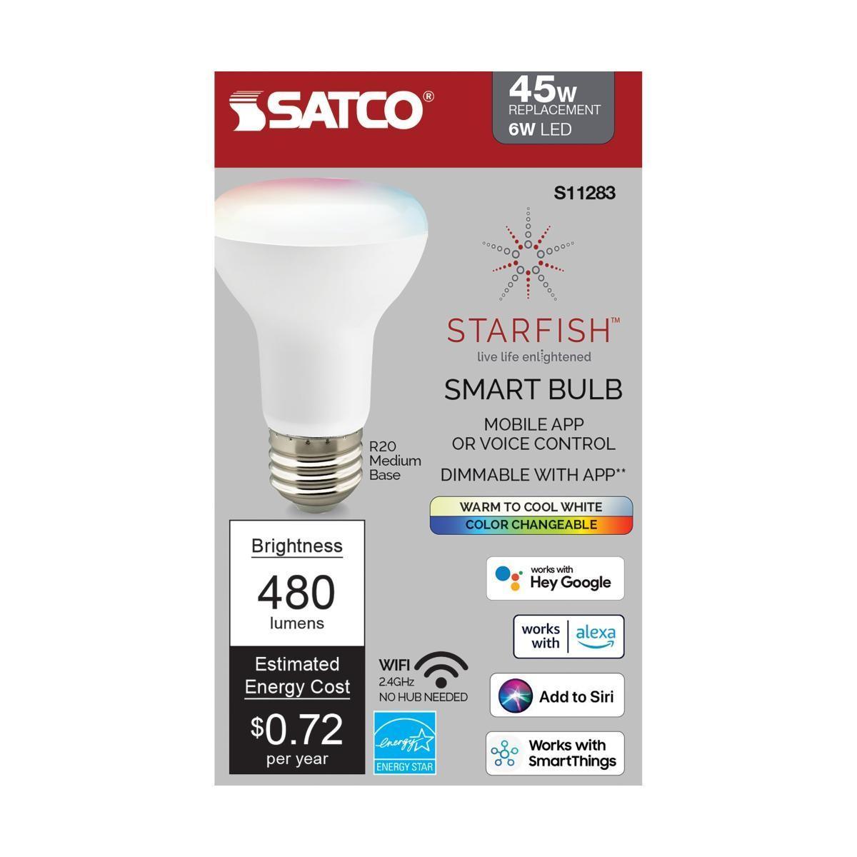Starfish BR20 Wi-Fi Smart LED Bulb, 6 Watts, 480 Lumens, 2700K-5000K, RGB And Tunable White - Bees Lighting