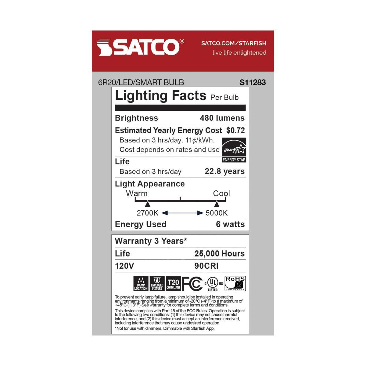 Starfish BR20 Wi-Fi Smart LED Bulb, 6W, 480 Lumens, RGBW & Tunable White, T20 Compliant - Bees Lighting