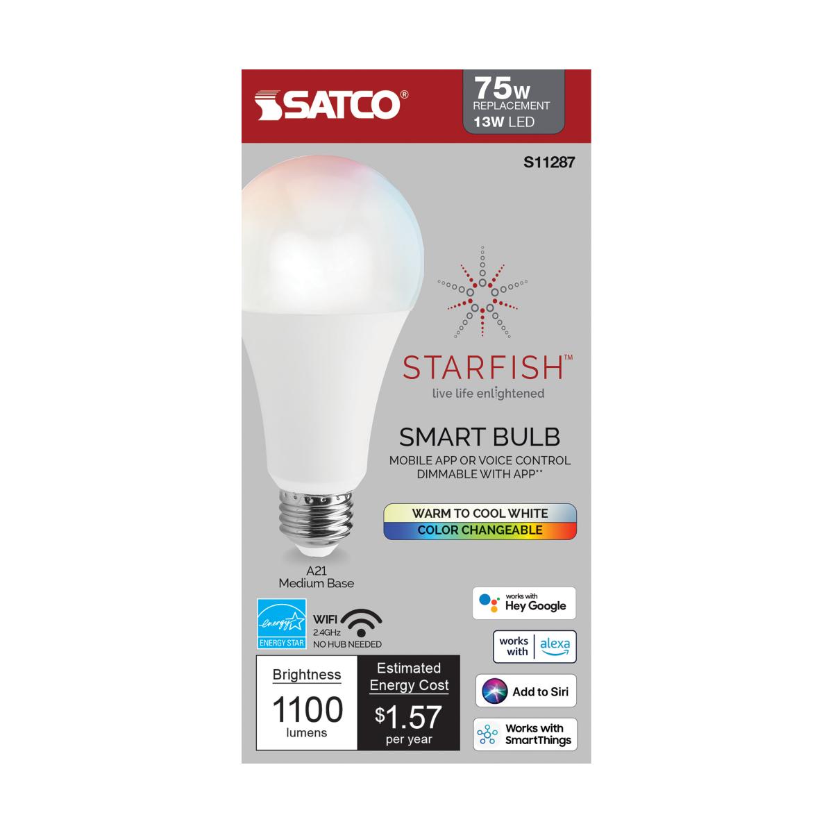 Starfish A21 Wi-Fi Smart LED Bulb, 13W, 1100 Lumens, RGB & Tunable White, Frosted, T20 Compliant - Bees Lighting