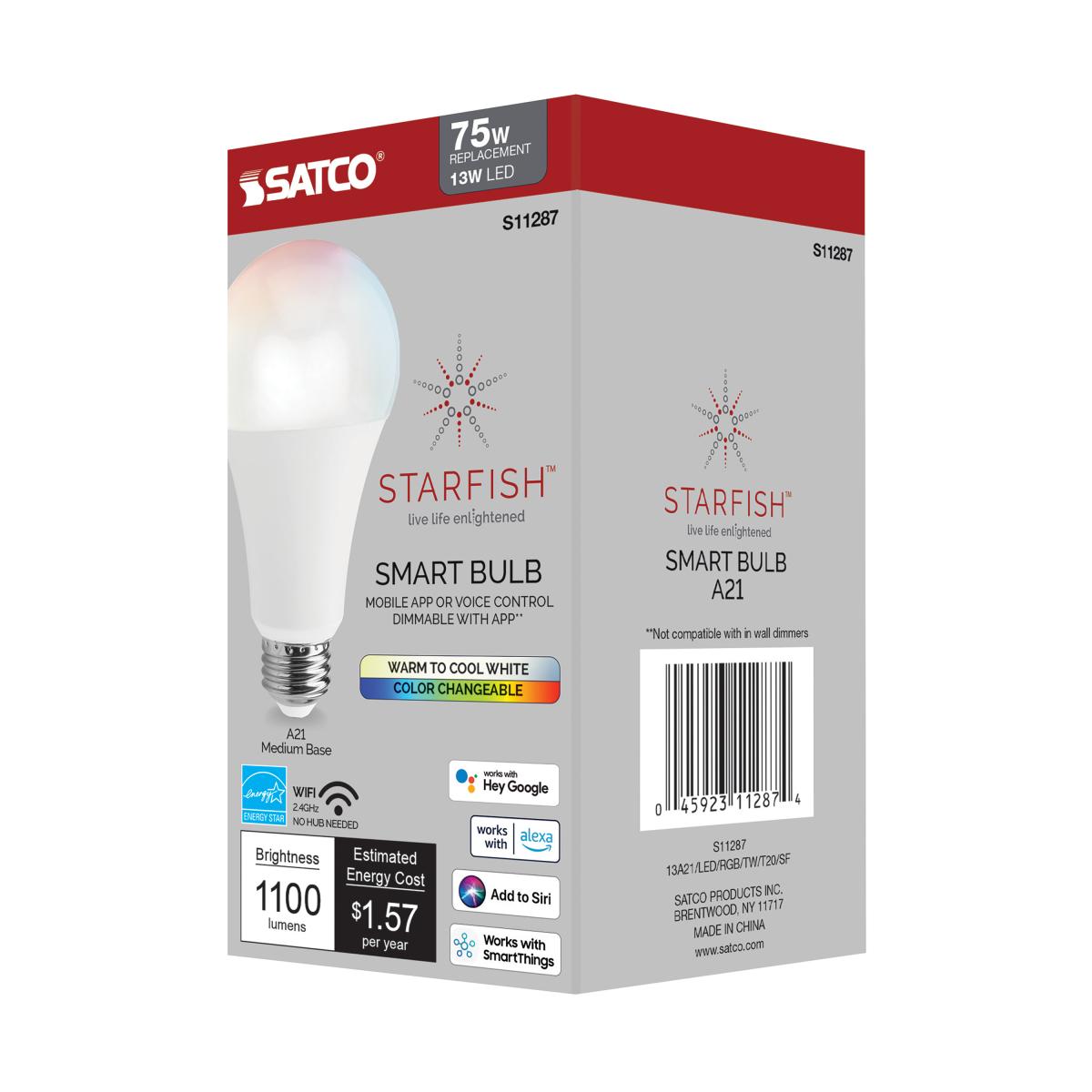 Starfish A21 Wi-Fi Smart LED Bulb, 13W, 1100 Lumens, RGB & Tunable White, Frosted, T20 Compliant - Bees Lighting