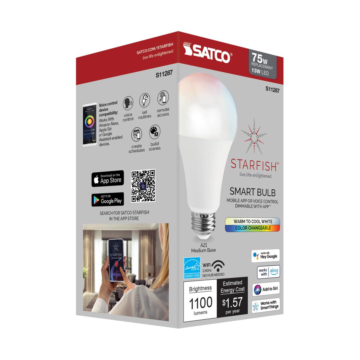 Starfish A21 Wi-Fi Smart LED Bulb, 13W, 1100 Lumens, RGB & Tunable White, Frosted, T20 Compliant - Bees Lighting