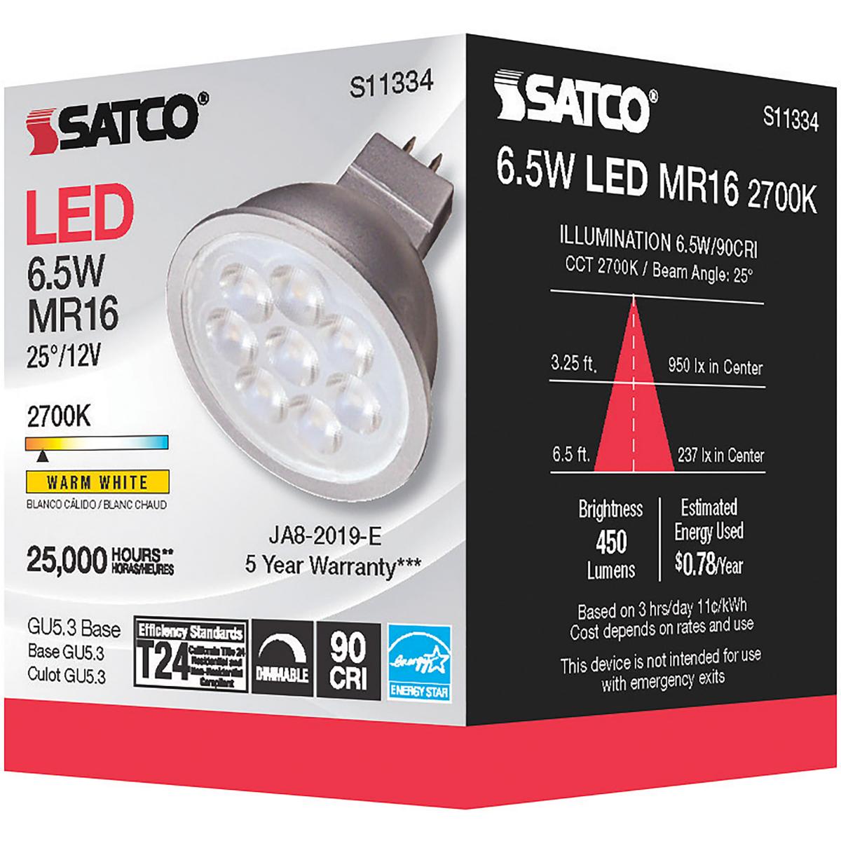 MR16 LED Bulb, 7 Watts, 450 Lumens, 2700K, 50W Equal, GU5.3 Base, 25° Spot, 12V - Bees Lighting
