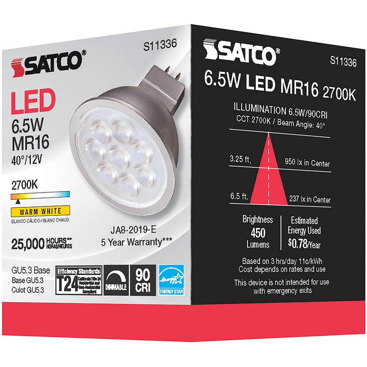 MR16 LED Bulb, 7 Watts, 450 Lumens, 2700K, 50W Equal, GU5.3 Base, 40° Flood, 12V - Bees Lighting