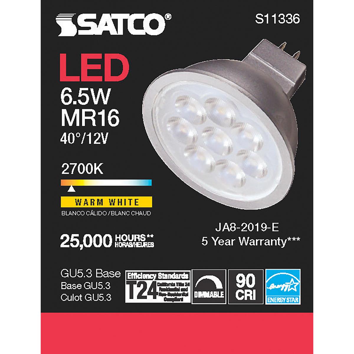 MR16 LED Bulb, 7 Watts, 450 Lumens, 2700K, 50W Equal, GU5.3 Base, 40° Flood, 12V - Bees Lighting