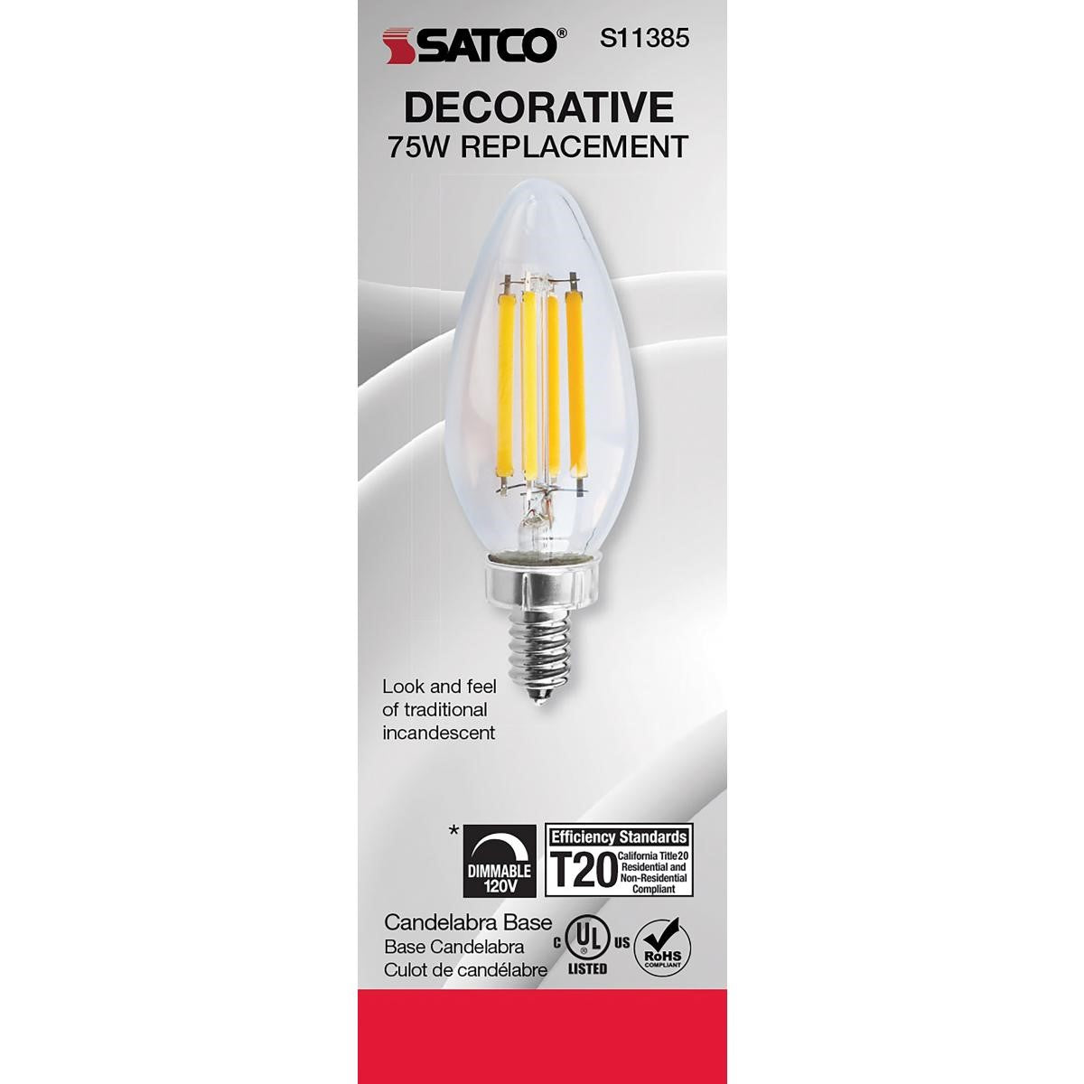 C11 LED Filament Bulb, 8 Watts, 760 Lumens, 3000K, E12 Candelabra Base, Clear Finish - Bees Lighting