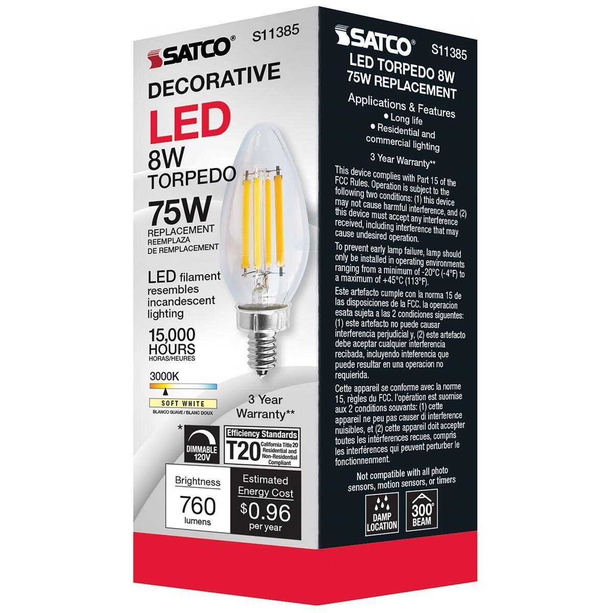 C11 LED Filament Bulb, 8 Watts, 760 Lumens, 3000K, E12 Candelabra Base, Clear Finish - Bees Lighting