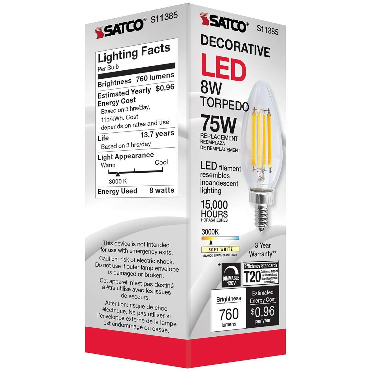 C11 LED Filament Bulb, 8 Watts, 760 Lumens, 3000K, E12 Candelabra Base, Clear Finish - Bees Lighting