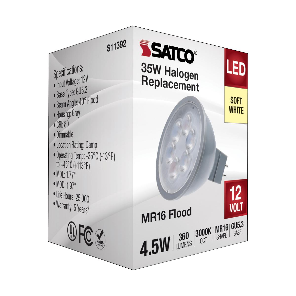 MR16 LED Bulb, 5 Watts, 360 Lumens, 3000K, 35W Equal, GU5.3 Base, 40° Flood, 12V - Bees Lighting