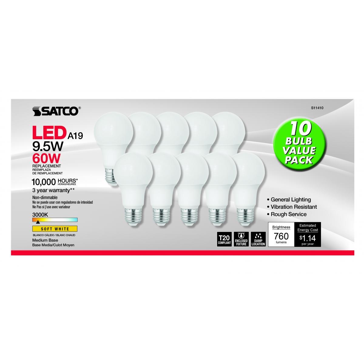 A19 LED Bulb, 60W Equivalent, 10 Watt, 760 Lumens, 3000K, E26 Medium Base, Frosted Finish, Pack Of 10 - Bees Lighting