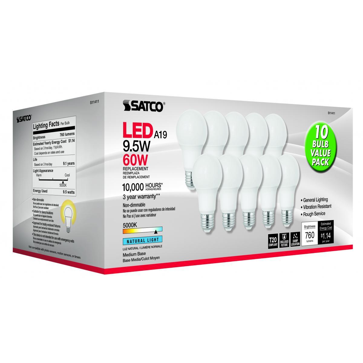 A19 LED Bulb, 100W Equivalent, 10 Watt, 760 Lumens, 5000K, E26 Medium Base, Frosted Finish
