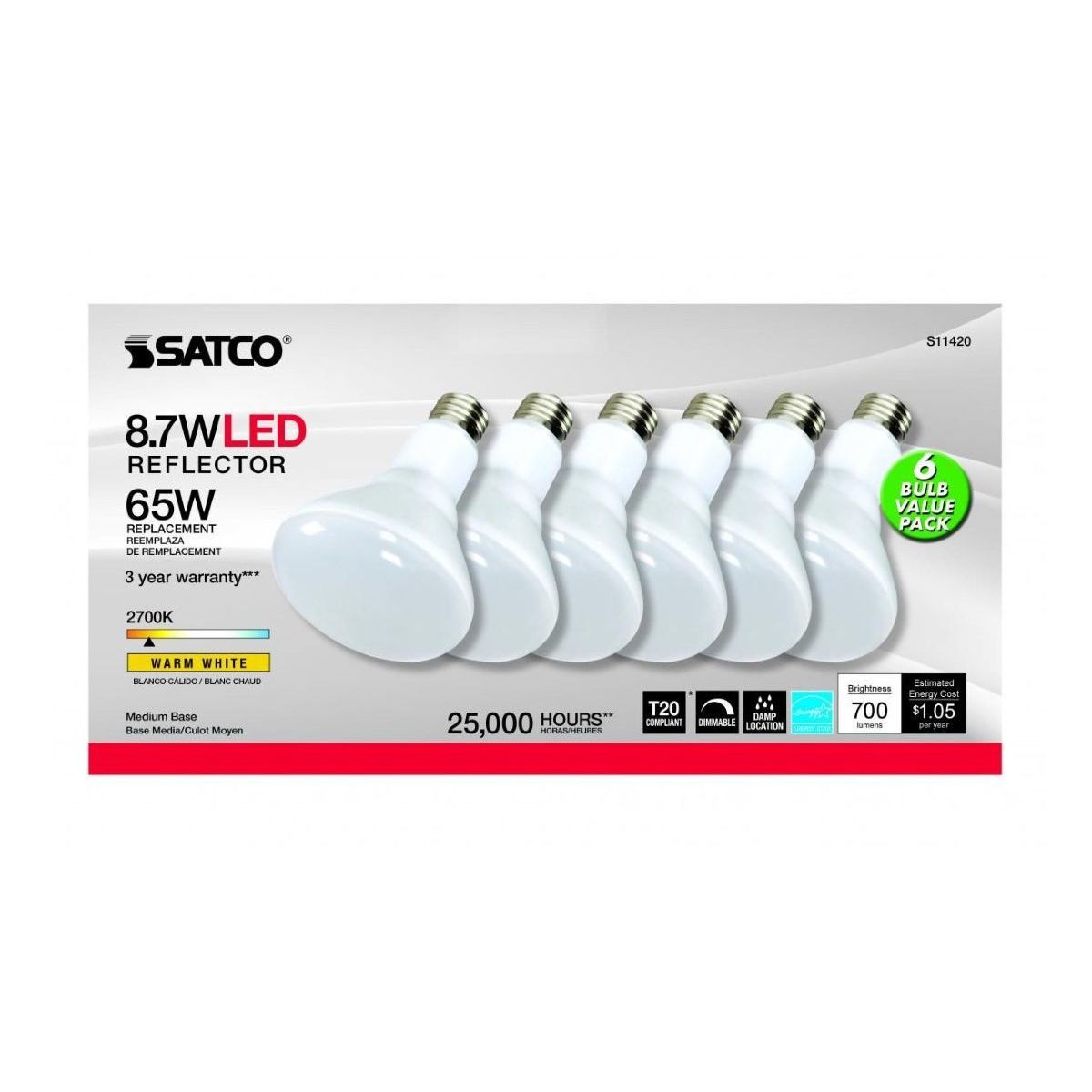 R30/BR30 LED Bulb, 9 Watts, 700 Lumens, 2700K, E26 Medium Base, 100° Flood, Dimmable, Pack of 6 - Bees Lighting