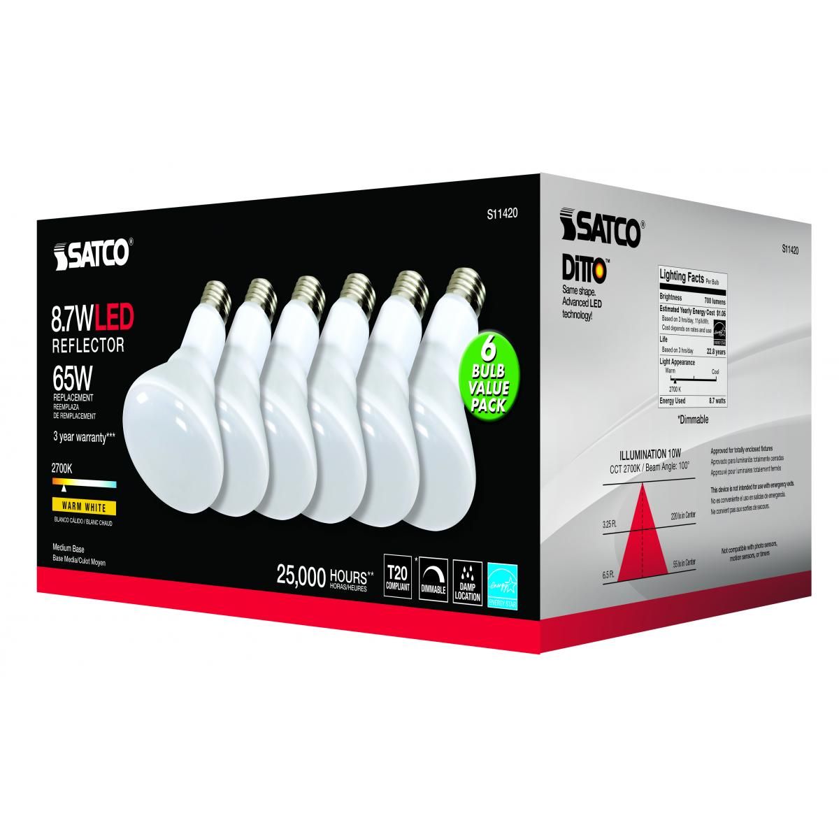 R30/BR30 LED Bulb, 9 Watts, 700 Lumens, 2700K, E26 Medium Base, 100° Flood, Dimmable, Pack of 6 - Bees Lighting