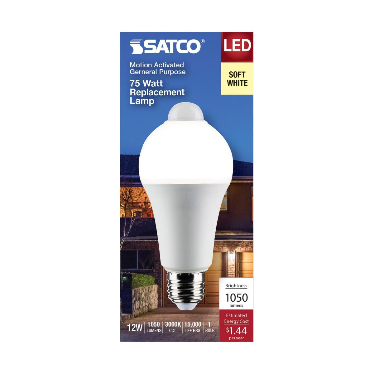 A19 LED Bulb with PIR Sensor, 12 Watts, 1050 Lumens, 3000K, E26 Medium Base, Frosted Finish - Bees Lighting