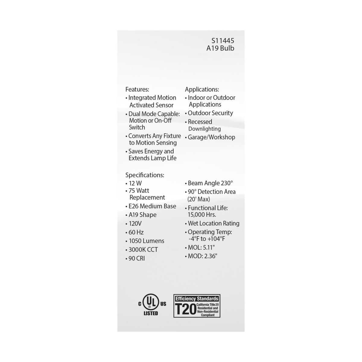 A19 LED Bulb with PIR Sensor, 12 Watts, 1050 Lumens, 3000K, E26 Medium Base, Frosted Finish - Bees Lighting
