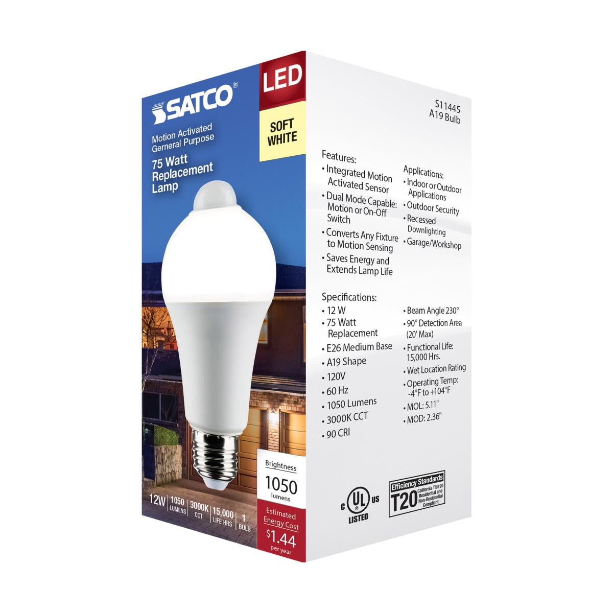 A19 LED Bulb with PIR Sensor, 12 Watts, 1050 Lumens, 3000K, E26 Medium Base, Frosted Finish - Bees Lighting