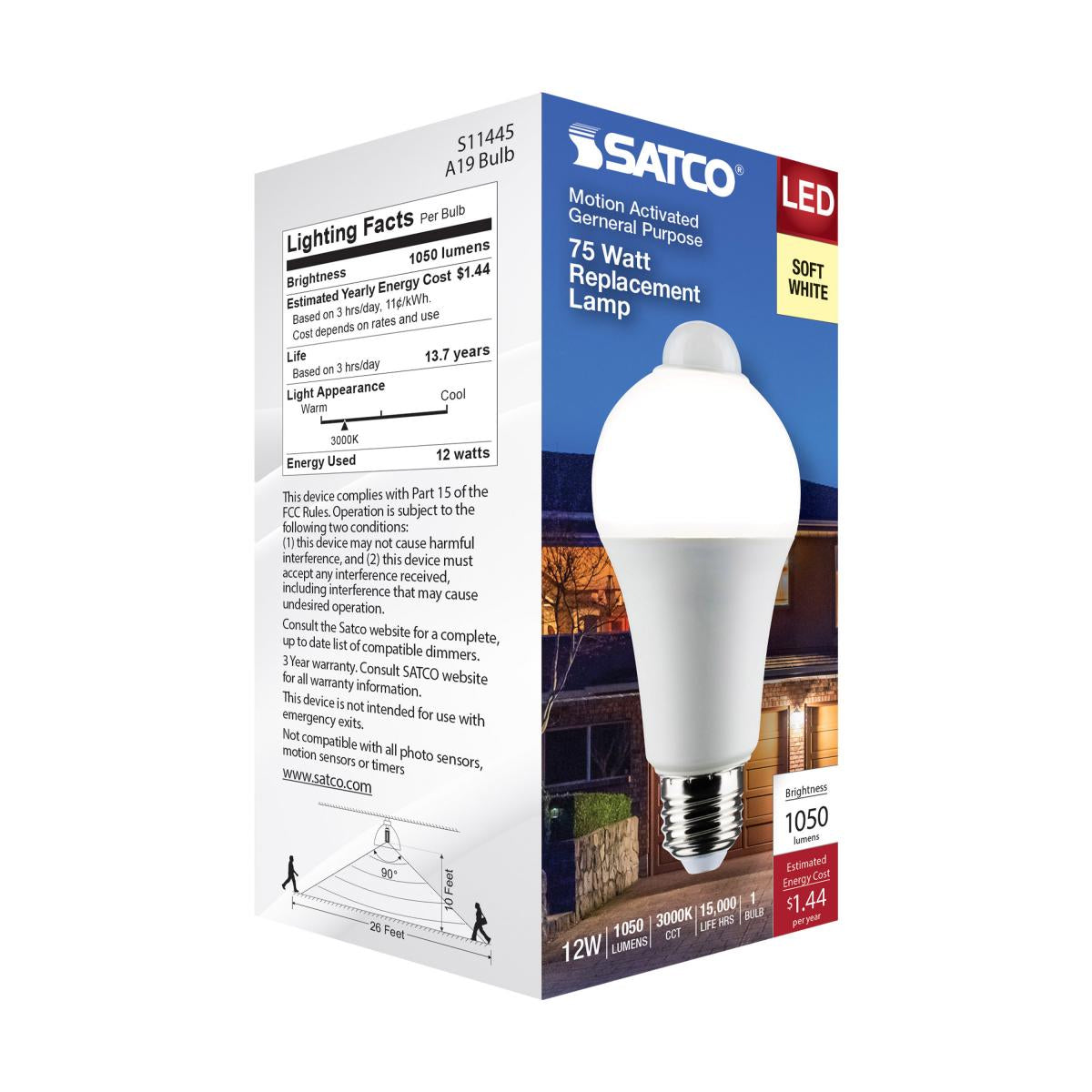A19 LED Bulb with PIR Sensor, 12 Watts, 1050 Lumens, 3000K, E26 Medium Base, Frosted Finish - Bees Lighting