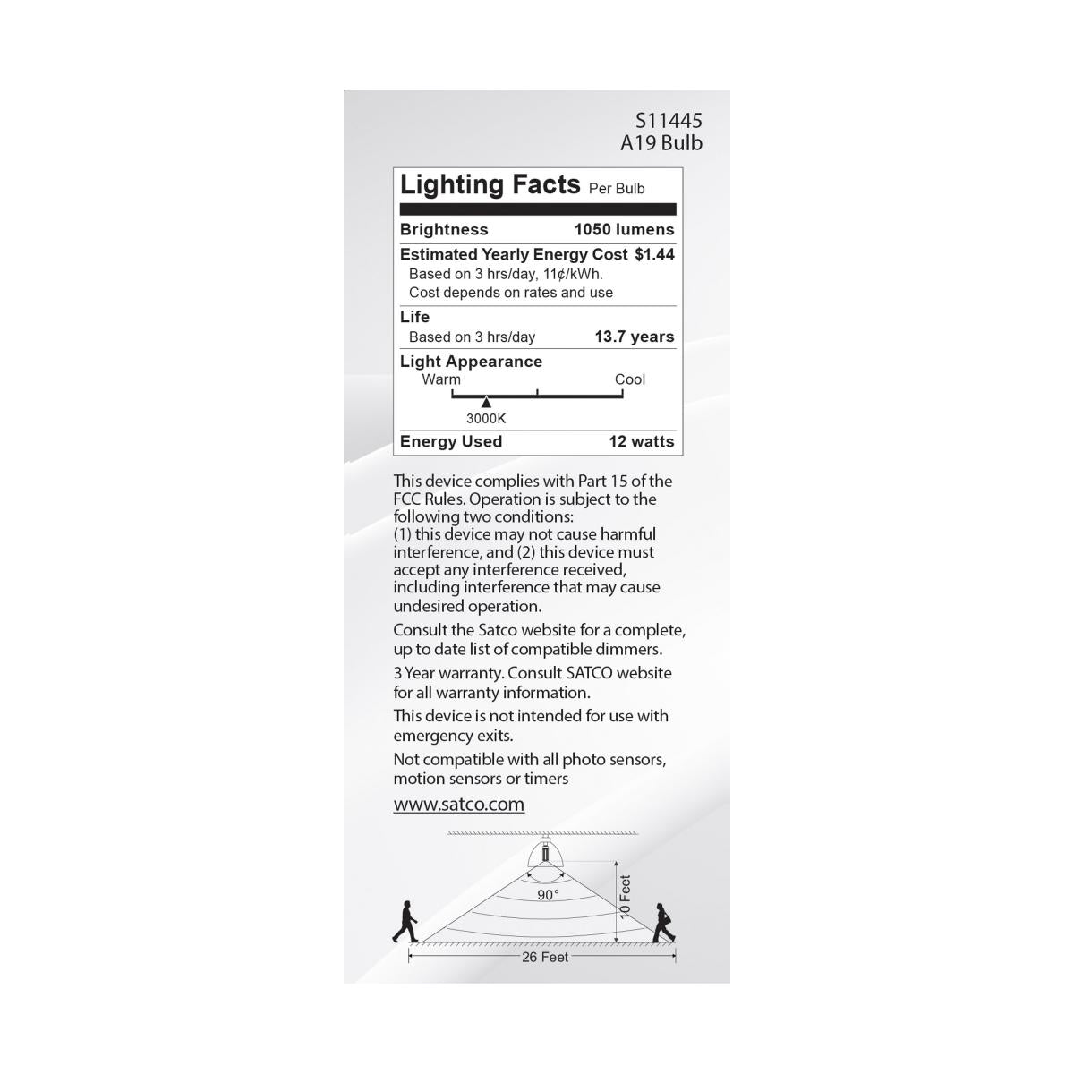 A19 LED Bulb with PIR Sensor, 12 Watts, 1050 Lumens, 3000K, E26 Medium Base, Frosted Finish - Bees Lighting