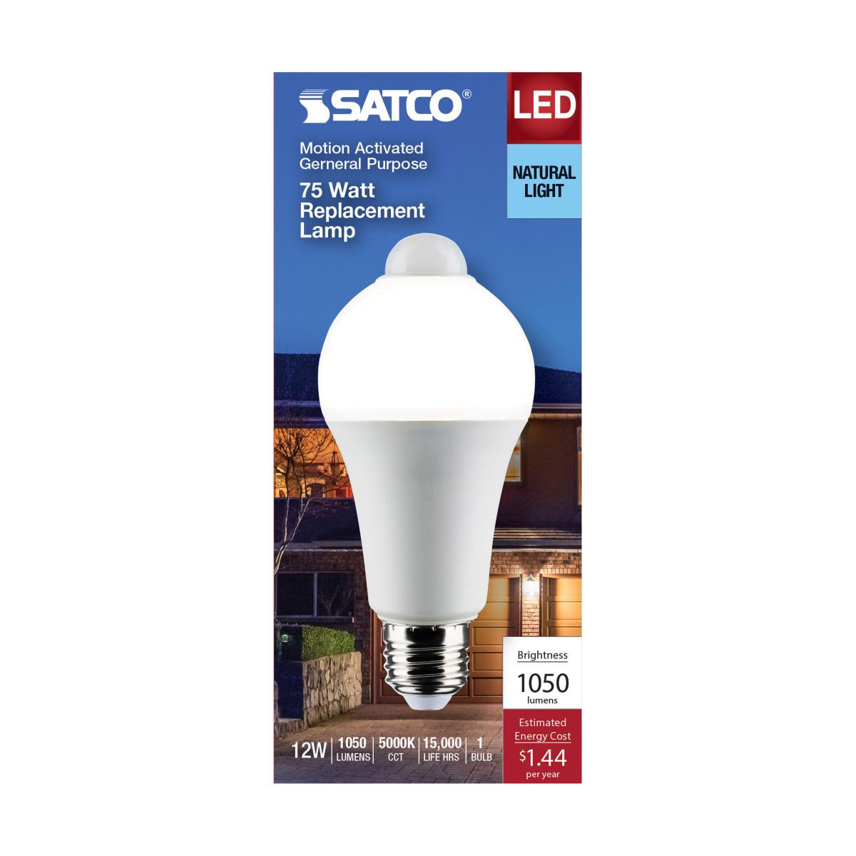 A19 LED Bulb with PIR Sensor, 12 Watts, 1050 Lumens, 5000K, E26 Medium Base, Frosted Finish - Bees Lighting