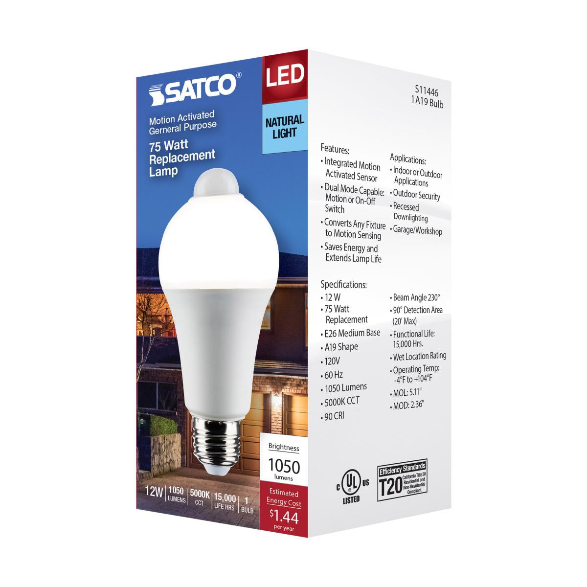 A19 LED Bulb with PIR Sensor, 12 Watts, 1050 Lumens, 5000K, E26 Medium Base, Frosted Finish - Bees Lighting