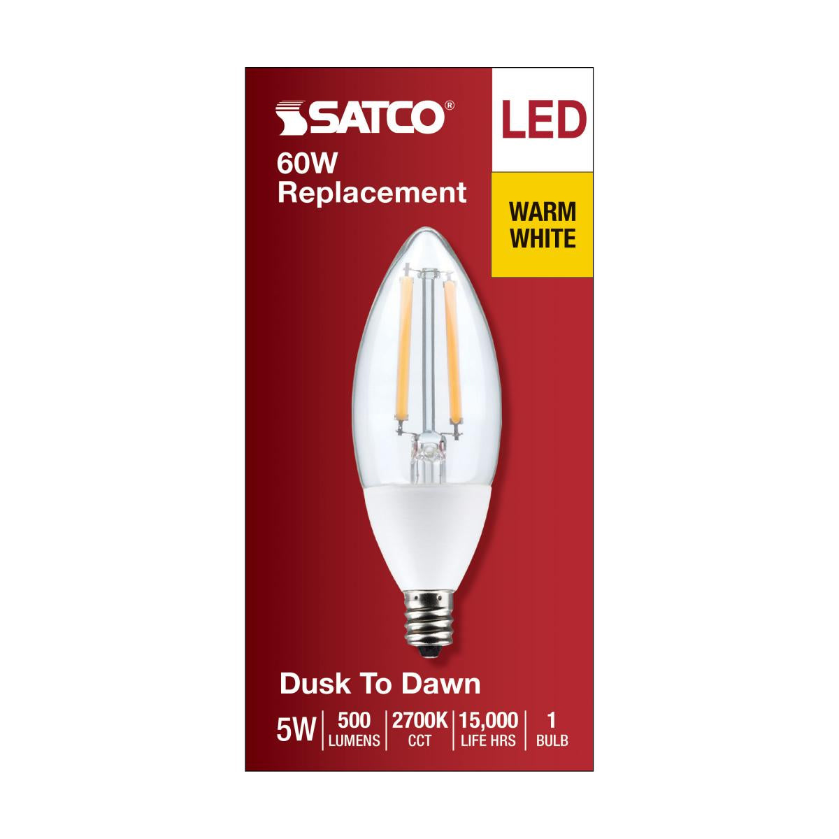Dusk To Dawn B11 Candle Filament LED Bulb, 5W, 500lm, 2700K, E12 Candelabra Base, With Photocell - Bees Lighting
