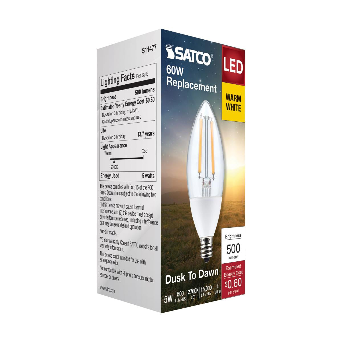 Dusk To Dawn B11 Candle Filament LED Bulb, 5W, 500lm, 2700K, E12 Candelabra Base, With Photocell - Bees Lighting