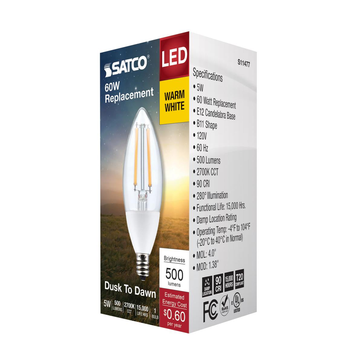 Dusk To Dawn B11 Candle Filament LED Bulb, 5W, 500lm, 2700K, E12 Candelabra Base, With Photocell - Bees Lighting