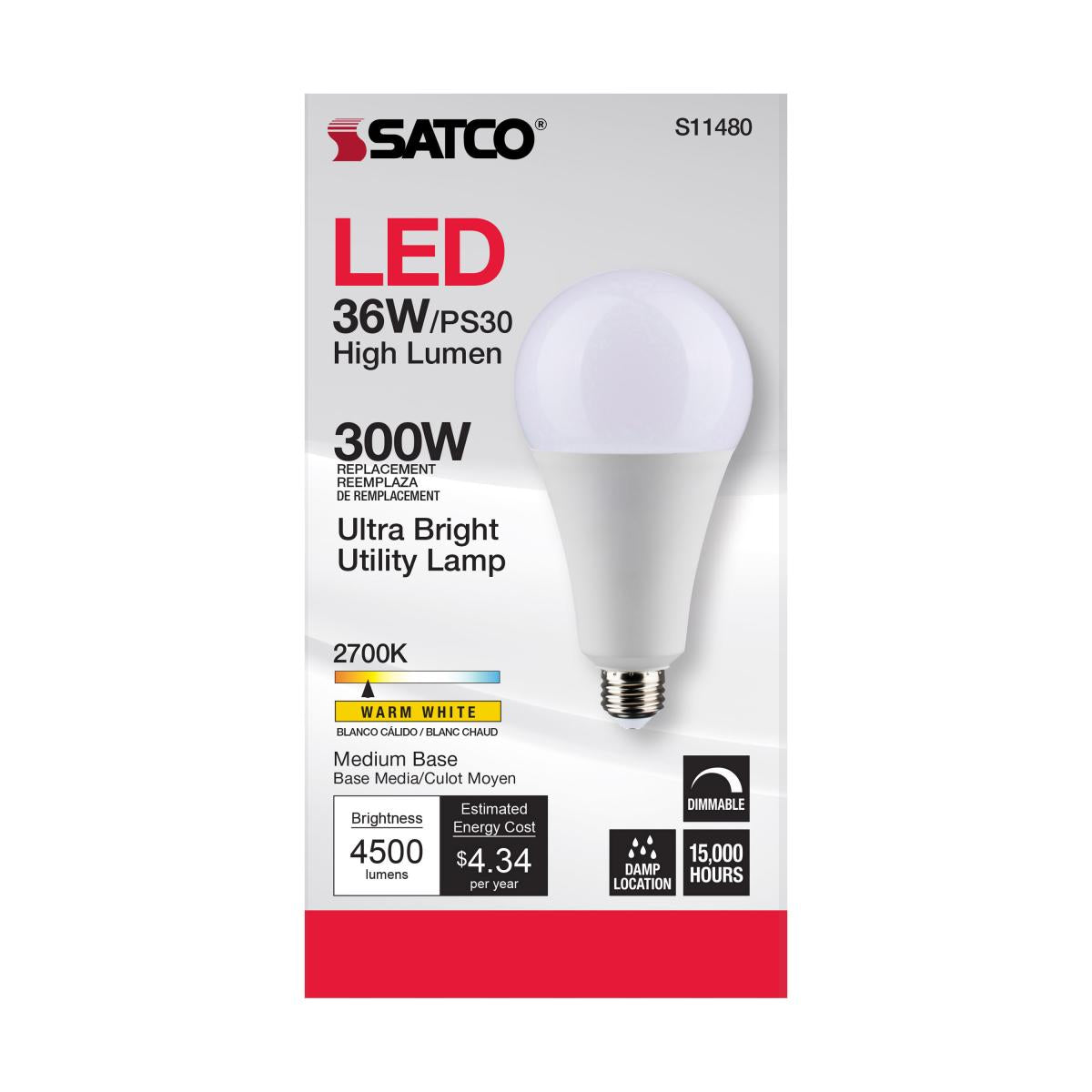 Utility Lamp PS30 LED Bulb, 36 Watts, 4500 Lumens, 2700K, E26 Medium Base, 300W Equal, 120V - Bees Lighting