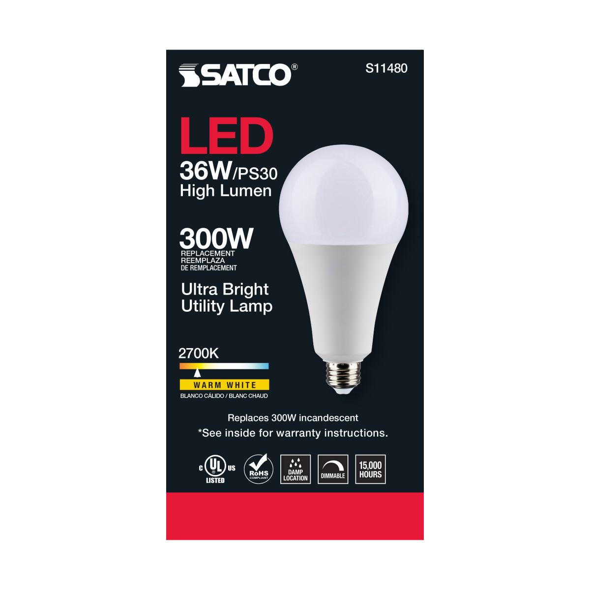 Utility Lamp PS30 LED Bulb, 36 Watts, 4500 Lumens, 2700K, E26 Medium Base, 300W Equal, 120V - Bees Lighting