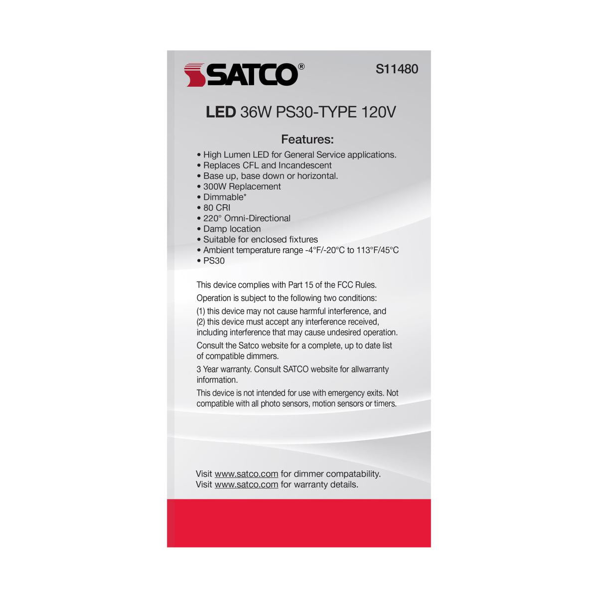 Utility Lamp PS30 LED Bulb, 36 Watts, 4500 Lumens, 2700K, E26 Medium Base, 300W Equal, 120V - Bees Lighting
