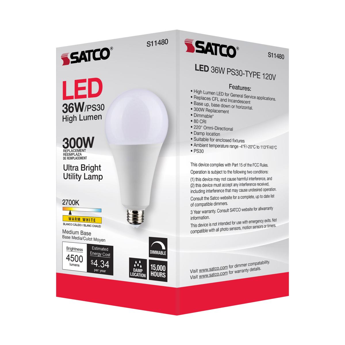 Utility Lamp PS30 LED Bulb, 36 Watts, 4500 Lumens, 2700K, E26 Medium Base, 300W Equal, 120V - Bees Lighting