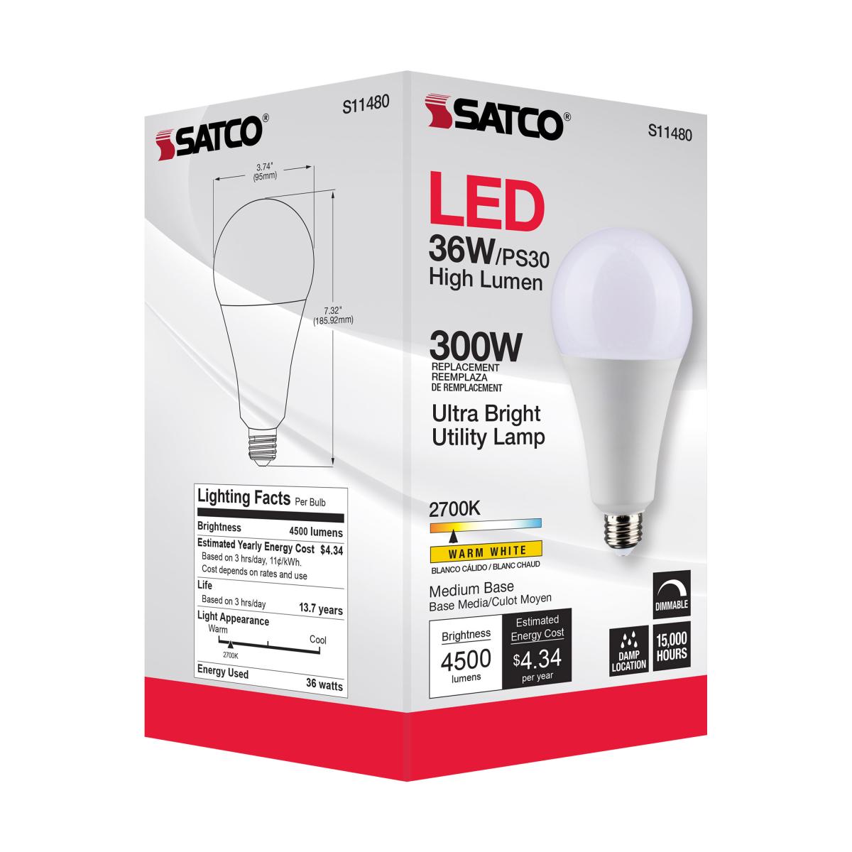 Utility Lamp PS30 LED Bulb, 36 Watts, 4500 Lumens, 2700K, E26 Medium Base, 300W Equal, 120V - Bees Lighting