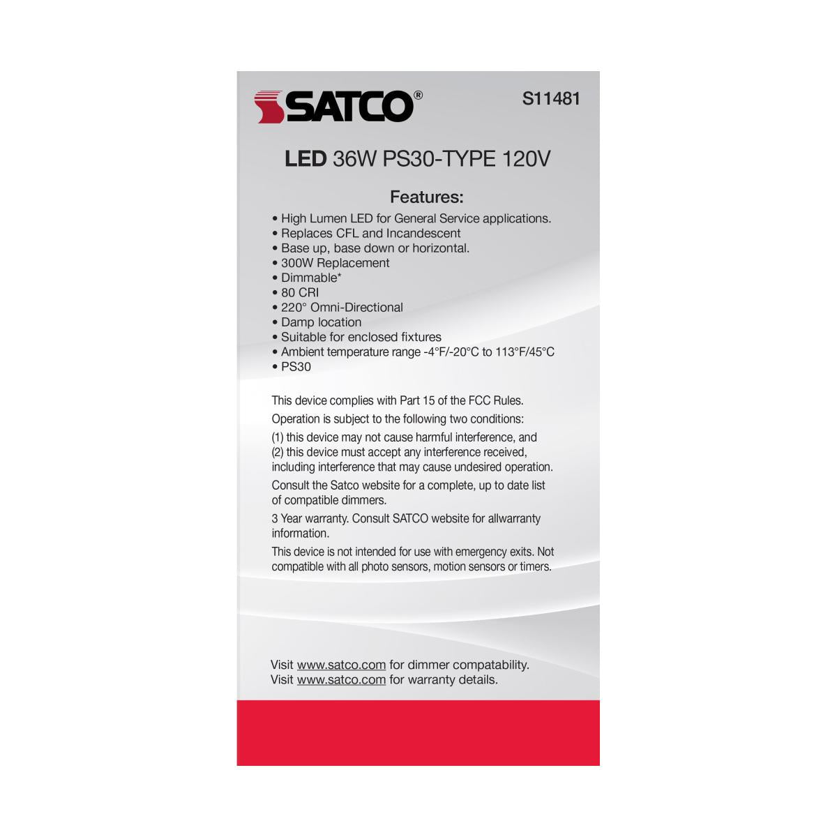 Utility Lamp PS30 LED Bulb, 36 Watts, 4500 Lumens, 4000K, E26 Medium Base, 300W Equal, 120V - Bees Lighting