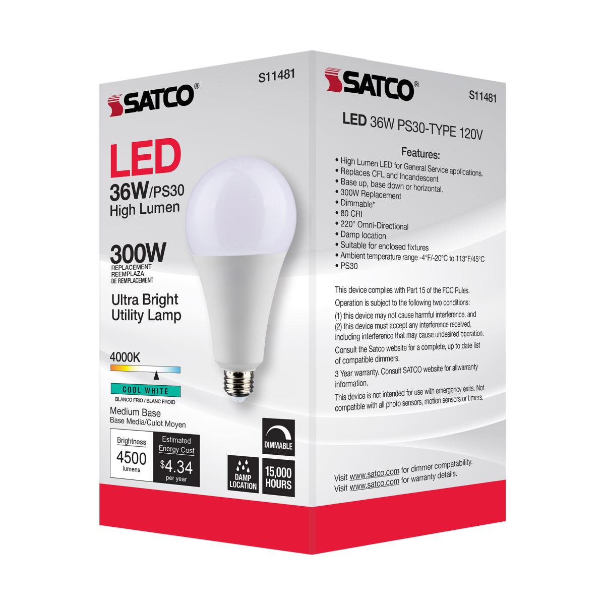Utility Lamp PS30 LED Bulb, 36 Watts, 4500 Lumens, 4000K, E26 Medium Base, 300W Equal, 120V - Bees Lighting