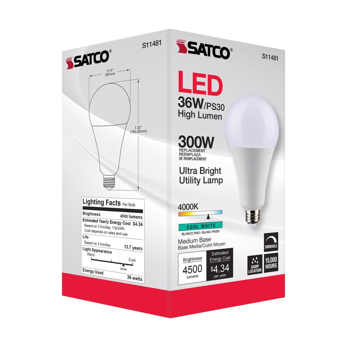 Utility Lamp PS30 LED Bulb, 36 Watts, 4500 Lumens, 4000K, E26 Medium Base, 300W Equal, 120V - Bees Lighting