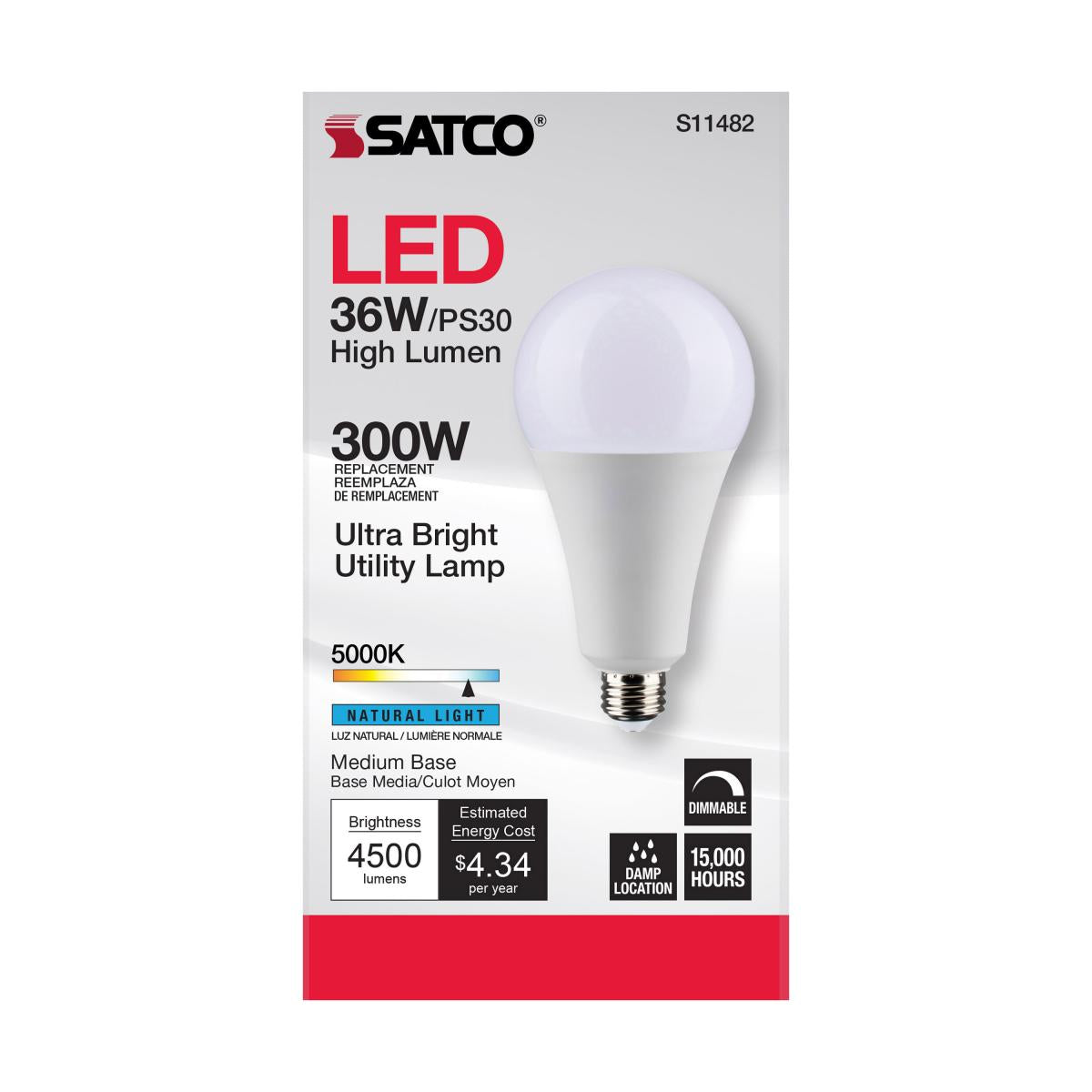 Utility Lamp PS30 LED Bulb, 36 Watts, 4500 Lumens, 5000K, E26 Medium Base, 300W Equal, 120V - Bees Lighting