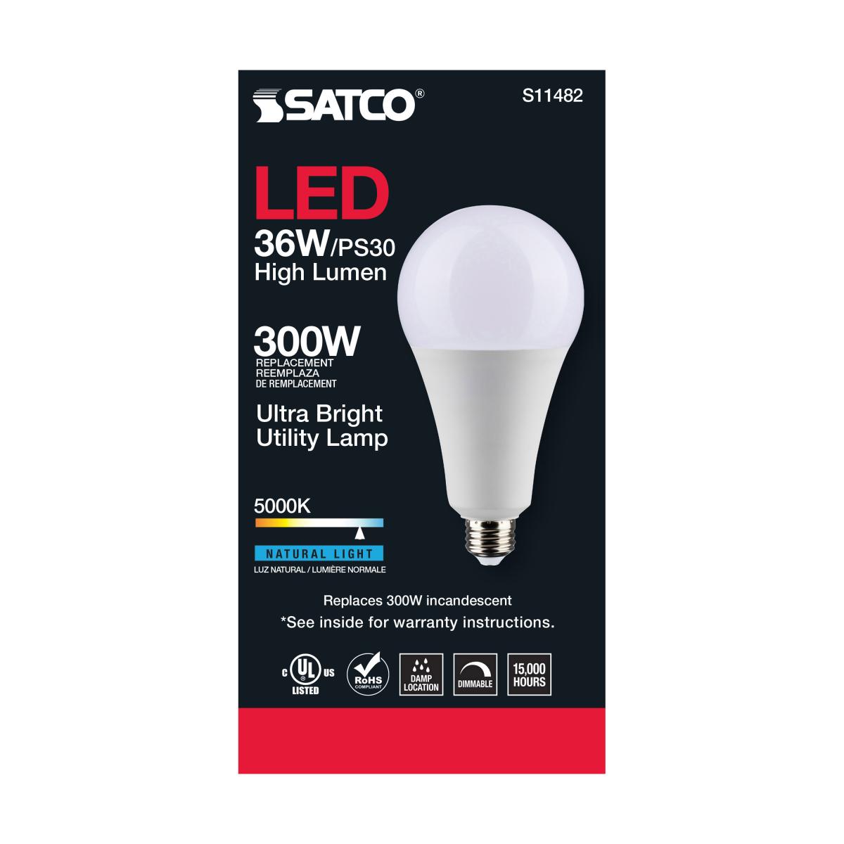 Utility Lamp PS30 LED Bulb, 36 Watts, 4500 Lumens, 5000K, E26 Medium Base, 300W Equal, 120V - Bees Lighting