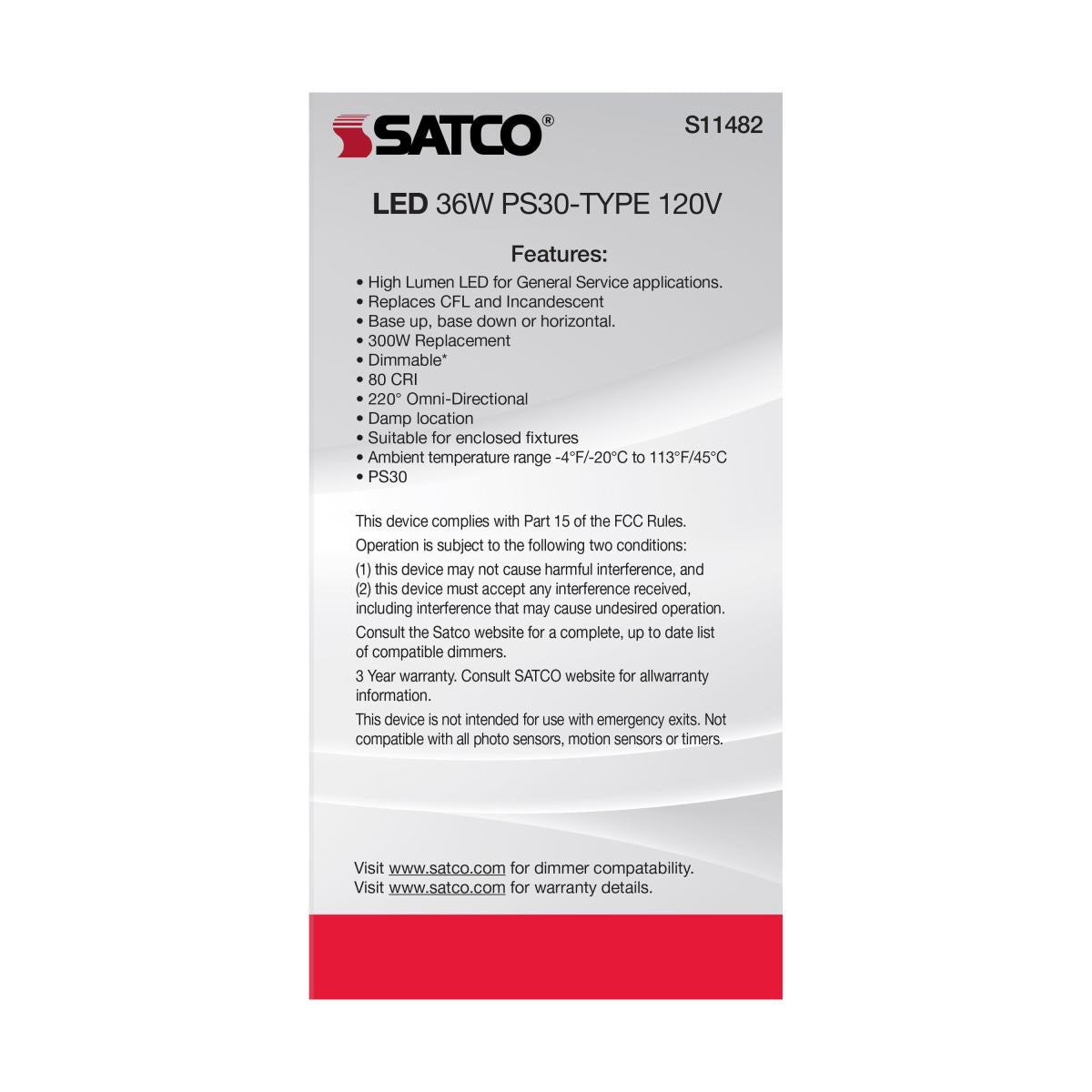 Utility Lamp PS30 LED Bulb, 36 Watts, 4500 Lumens, 5000K, E26 Medium Base, 300W Equal, 120V - Bees Lighting