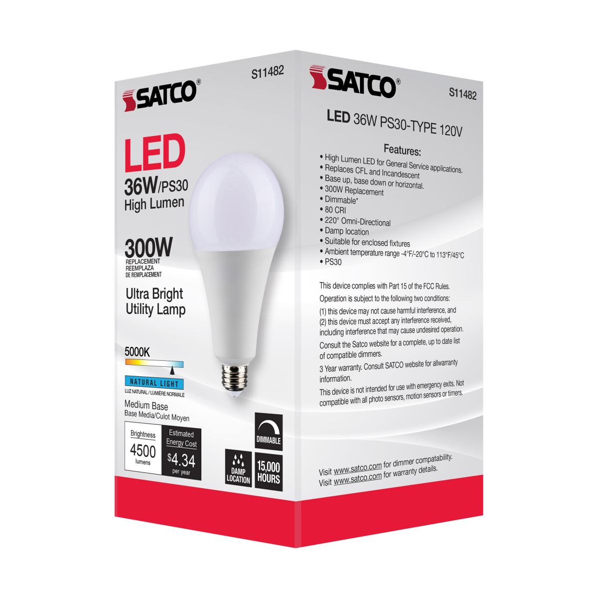 Utility Lamp PS30 LED Bulb, 36 Watts, 4500 Lumens, 5000K, E26 Medium Base, 300W Equal, 120V - Bees Lighting