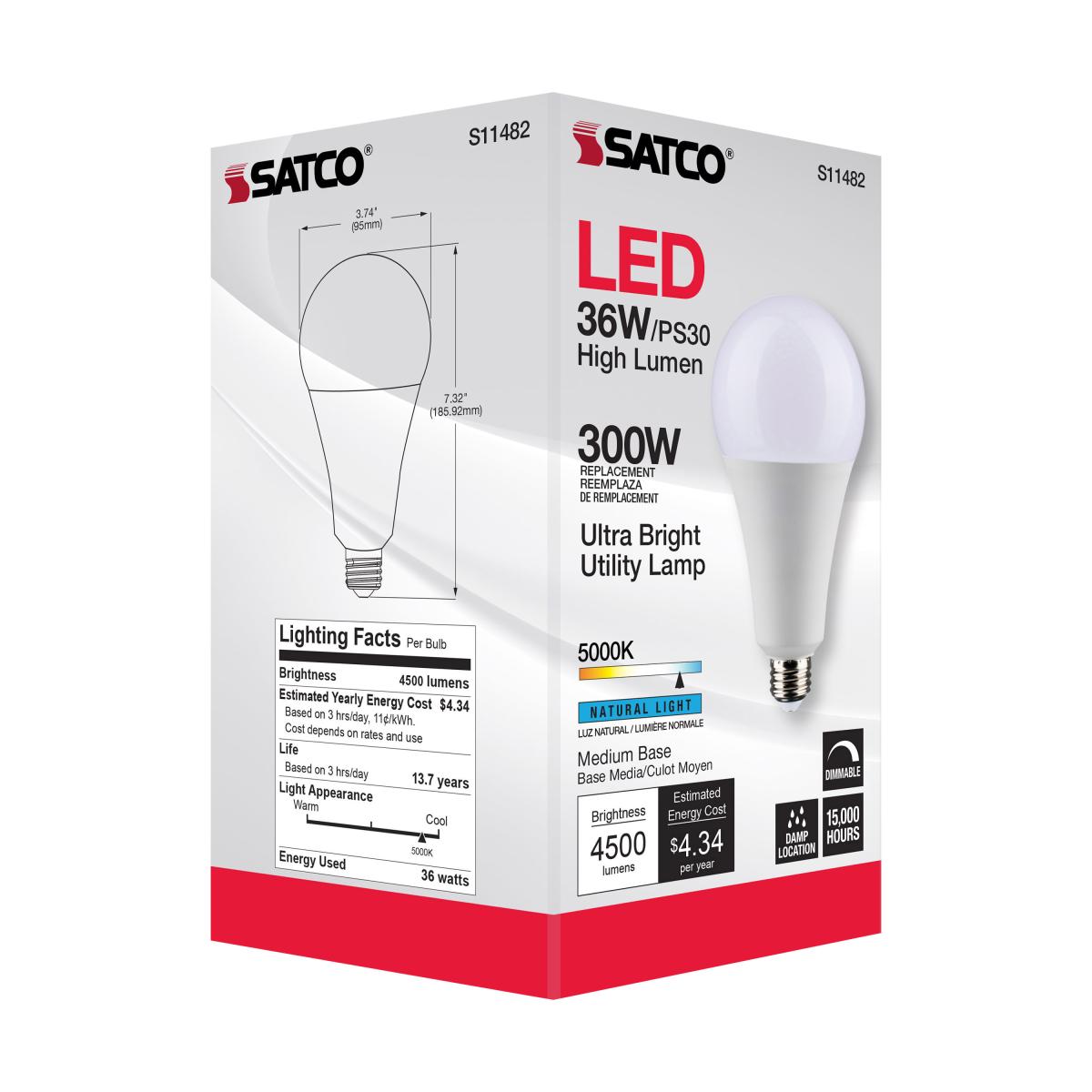 Utility Lamp PS30 LED Bulb, 36 Watts, 4500 Lumens, 5000K, E26 Medium Base, 300W Equal, 120V - Bees Lighting